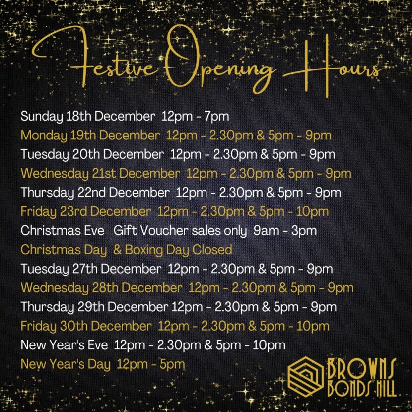 2022 Festive Opening Hours at Browns Bonds Hill restsaurant in Derry / Londonderry